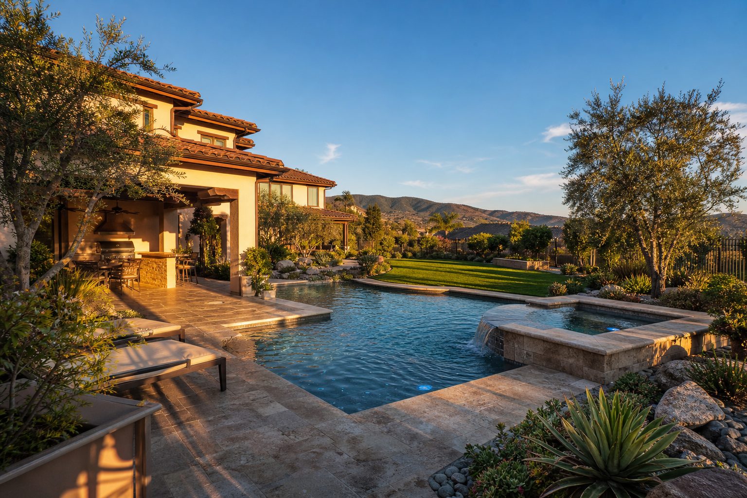 Resort-style backyard with saltwater pool, spa, and travertine deck on a $2M Deer Creek home in Alta Loma.