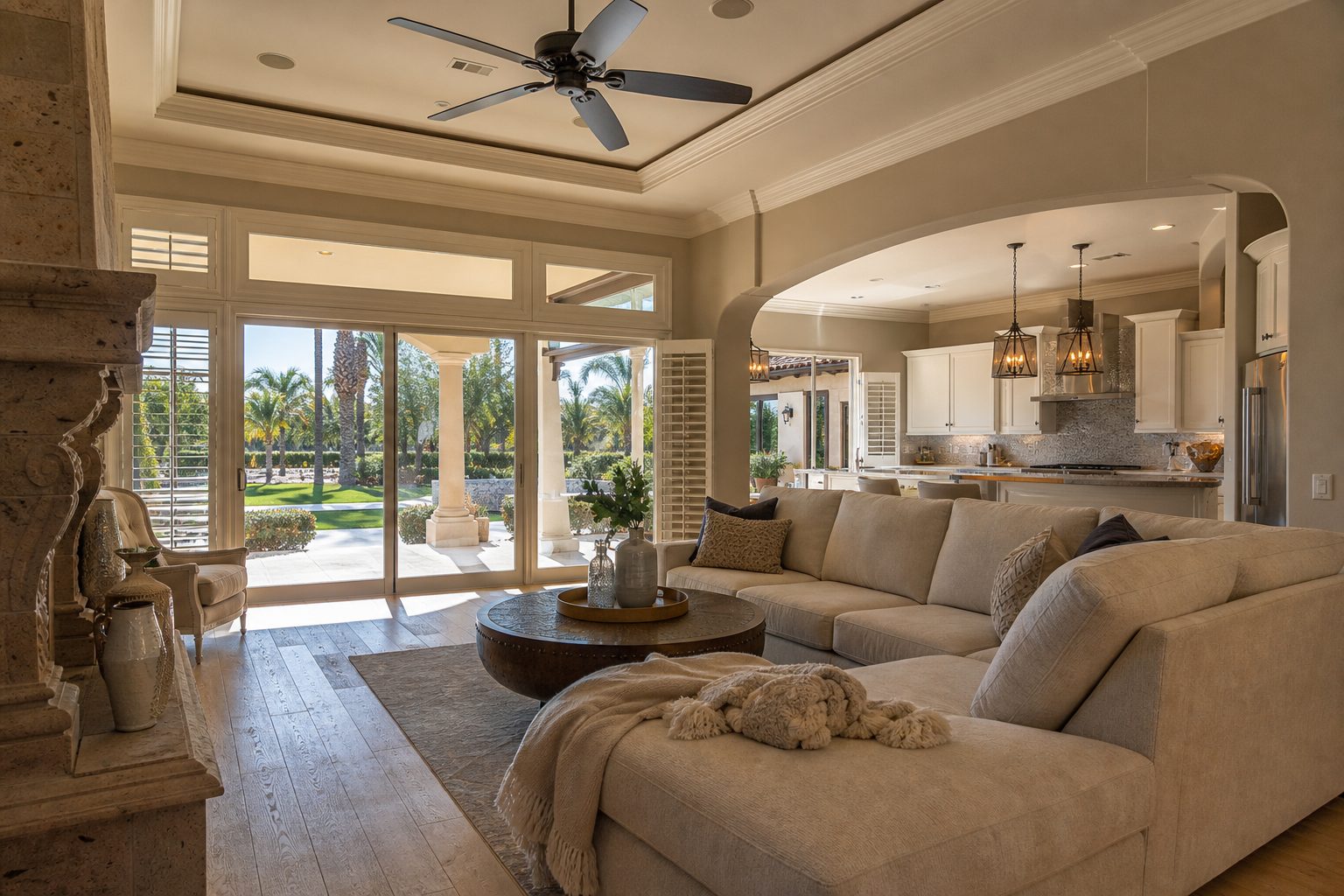 Contemporary Etiwanda luxury home interior with high ceilings, open living space, and mountain views through glass sliders.