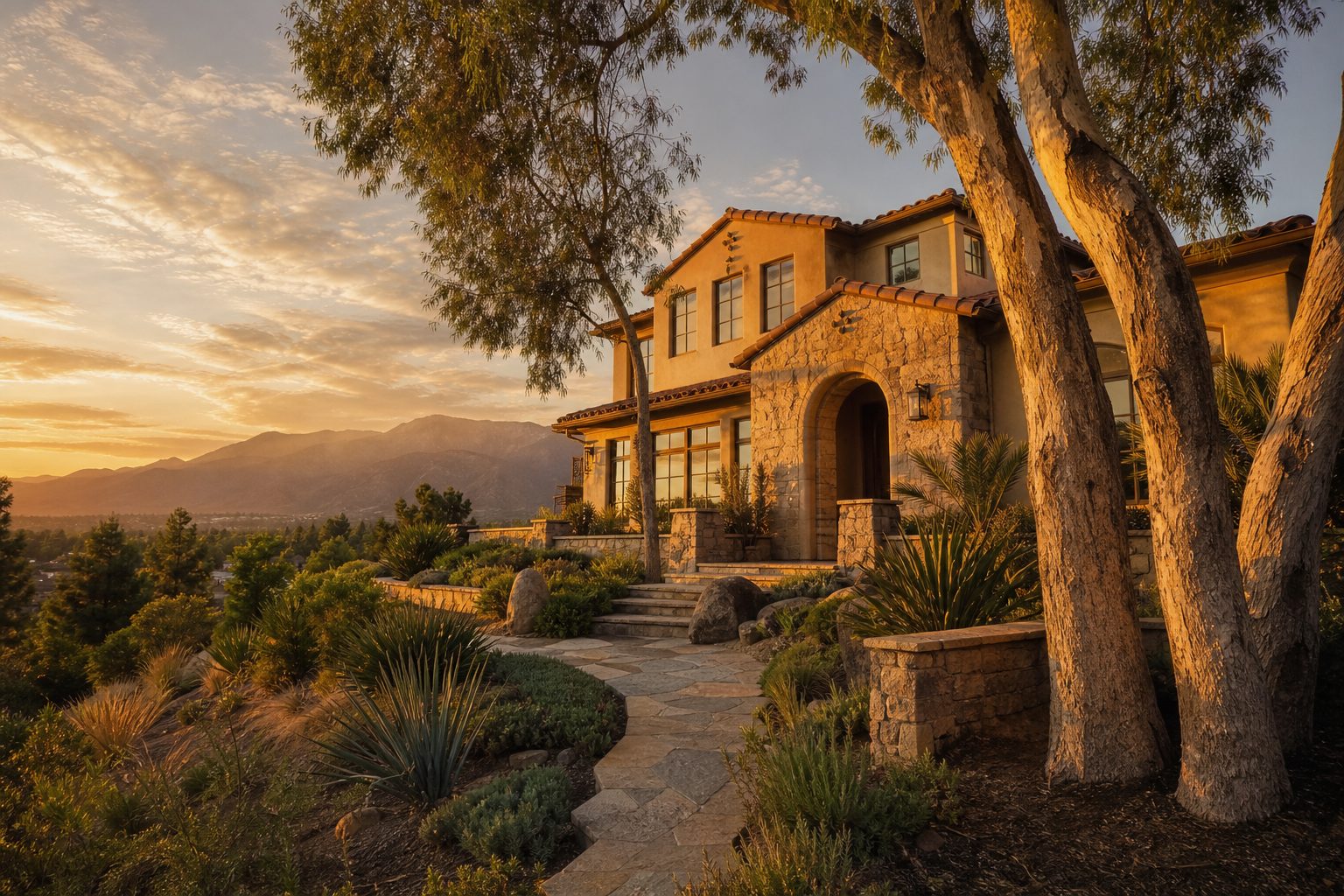 Mediterranean-style home in Deer Creek foothills, Rancho Cucamonga, with warm afternoon light, stone columns, and mature landscaping.