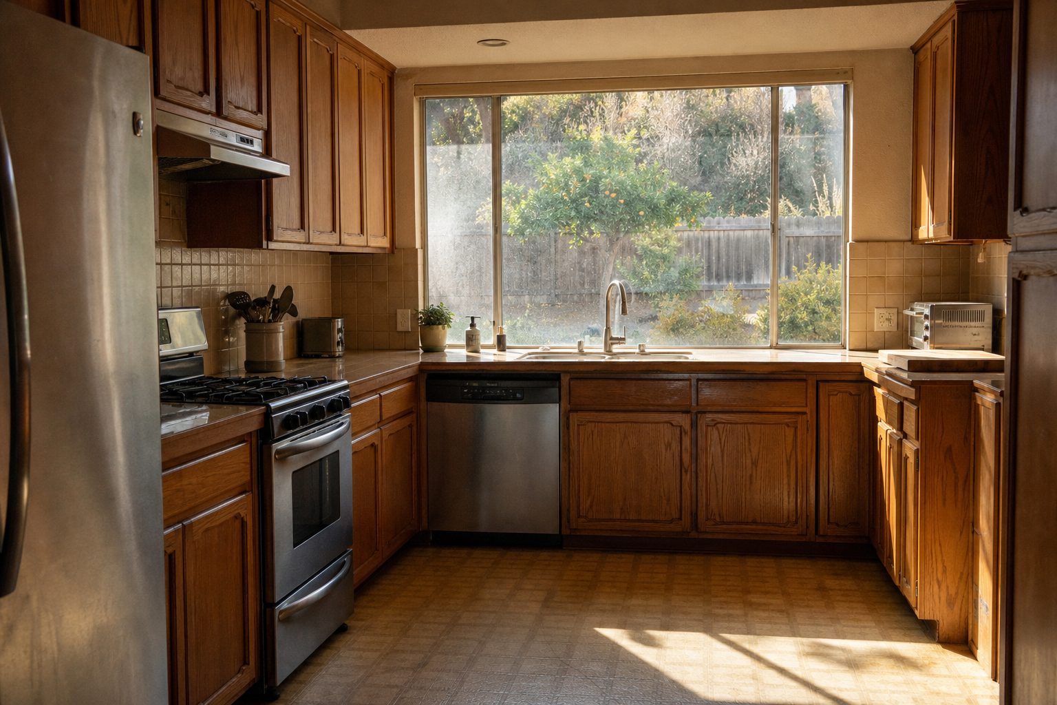 Interior kitchen view of dated 1980s home with original cabinetry and window overlooking backyard in Rancho Cucamonga.