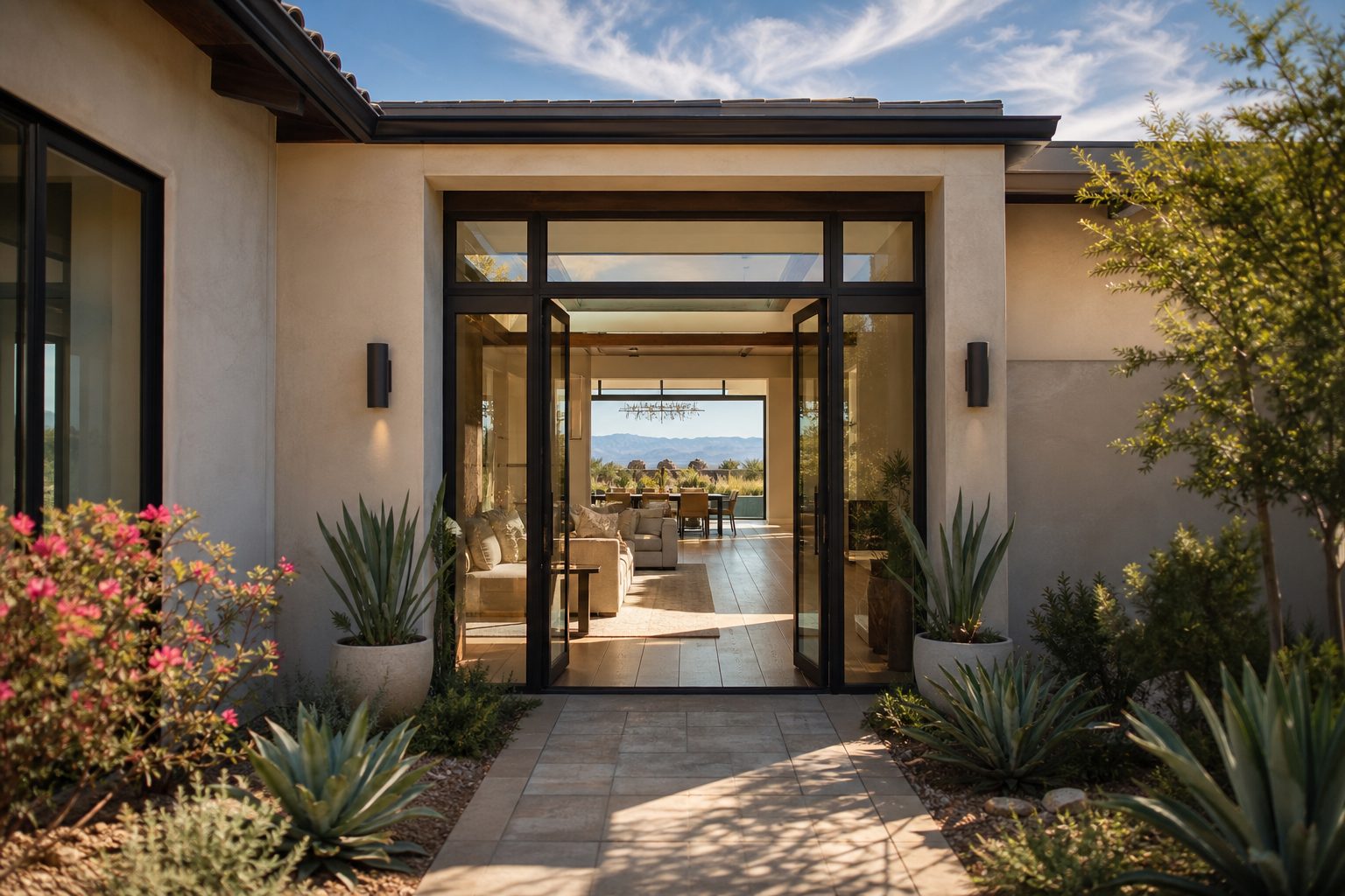 Single-story desert contemporary home in Rancho Cucamonga with courtyard entry, large windows, and native landscaping in midday light.