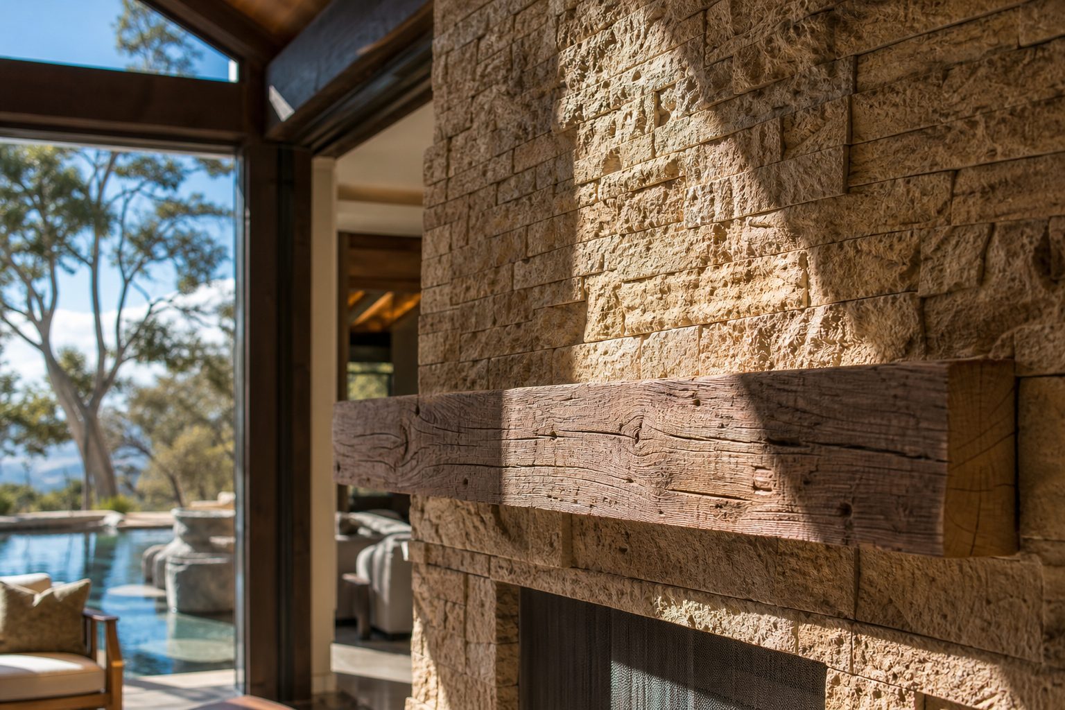 Stone fireplace detail with natural light and pool-view background in luxury Etiwanda foothill home.