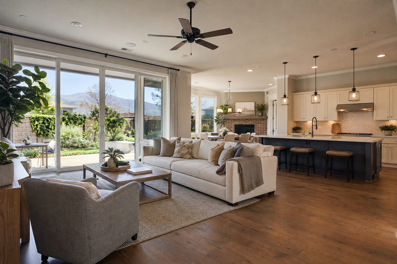 Bright modern great room with north-facing windows, engineered hardwood, and neutral furnishings in an Etiwanda luxury home, Rancho Cucamonga.