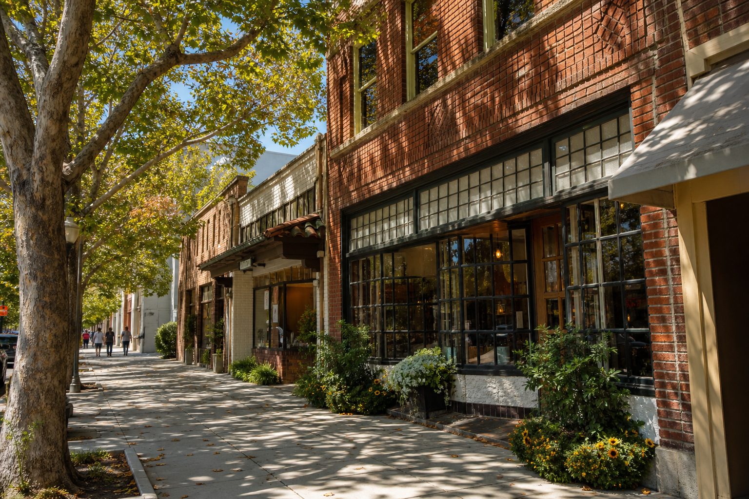 Historic Euclid Avenue in downtown Upland with mature trees, brick Craftsman storefronts, and pedestrians shopping on the walkable street.