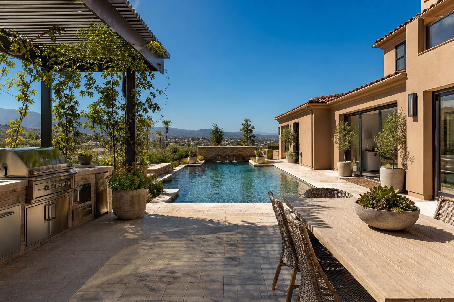 Modern luxury home with resort pool, outdoor kitchen, and travertine patio in Vinova new construction community, Rancho Cucamonga.