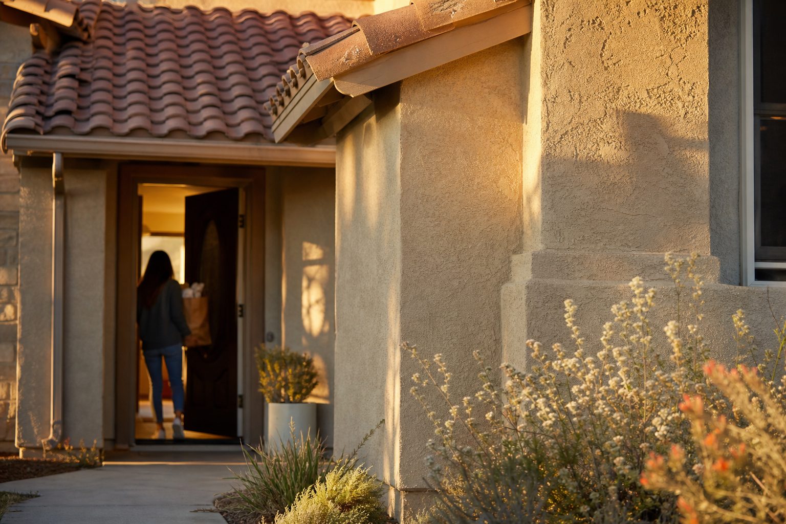 Close-up of Rancho Cucamonga home's stucco facade, tile roof, and native landscaping in golden afternoon light.