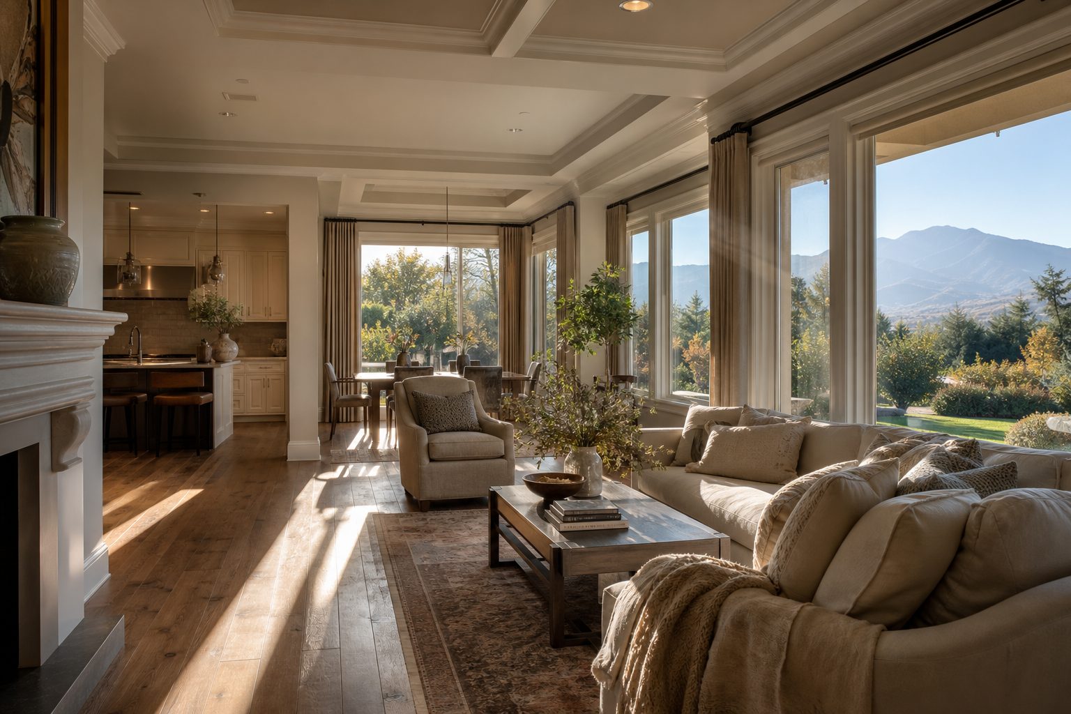 Interior living room with hardwood floors and mountain views, typical of higher-value Rancho Cucamonga foothill estates.
