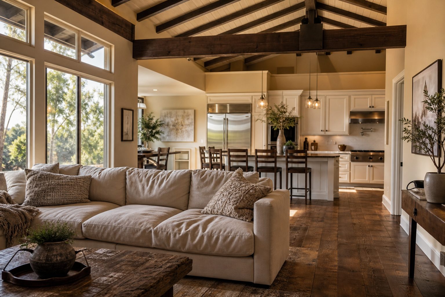 Bright living room with wood beams, large windows, and hardwood floors in Rancho Cucamonga residence.