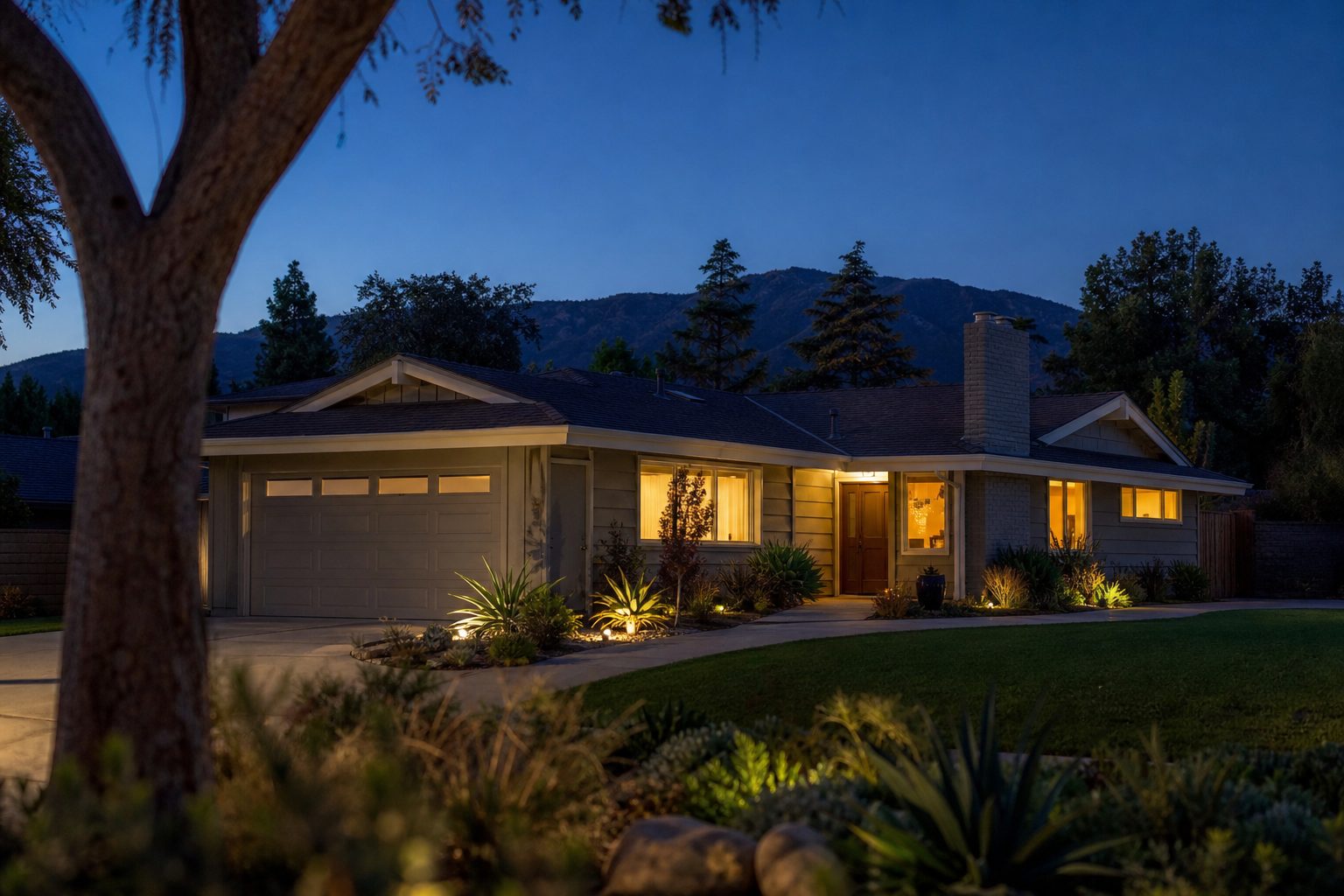 Mid-century ranch home glowing warmly at twilight in Etiwanda, northern Rancho Cucamonga, with blue evening sky.