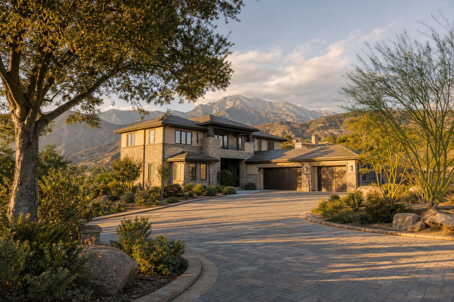 Contemporary luxury home in Deer Creek neighborhood with mountain views, mature oak trees, and evening sunlight in Rancho Cucamonga.