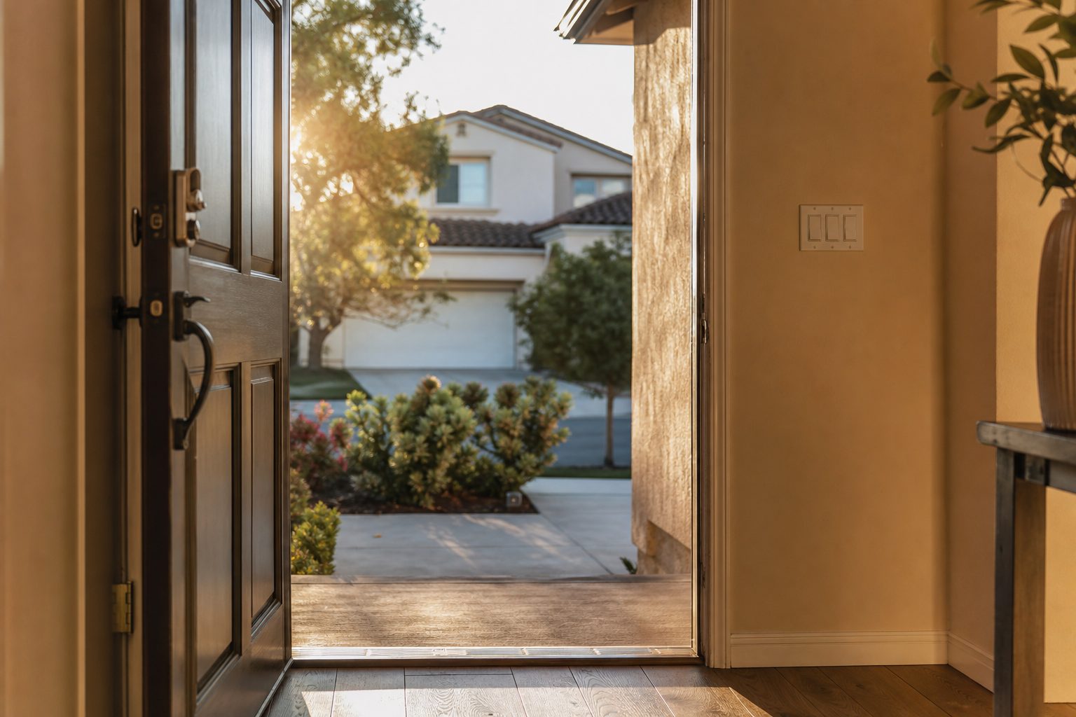 View through an open front door of a Rancho Cucamonga home showing entry foyer with hardwood flooring and warm afternoon light.