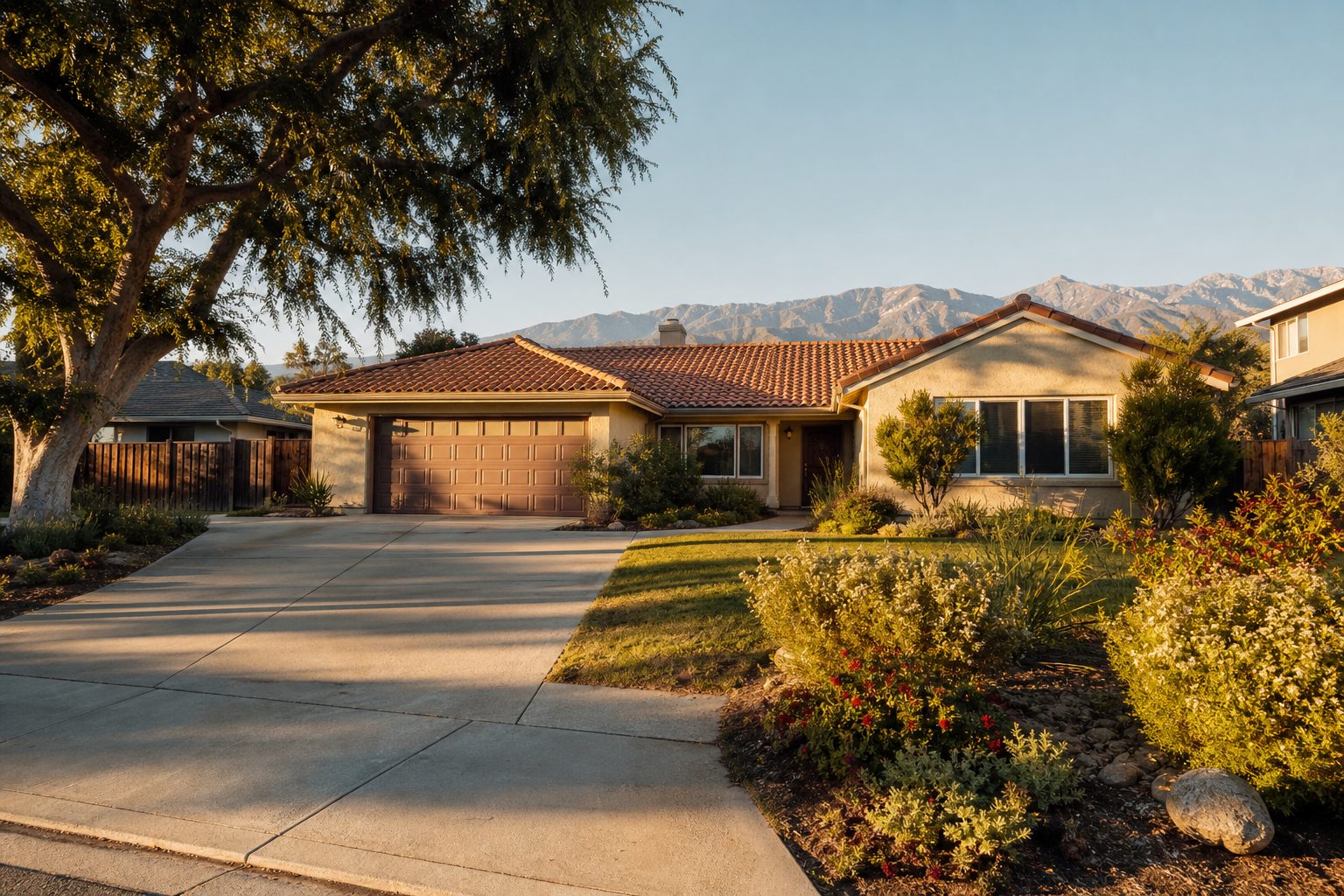 Single-story ranch home with stucco exterior and mature pepper tree in Rancho Cucamonga at golden hour.