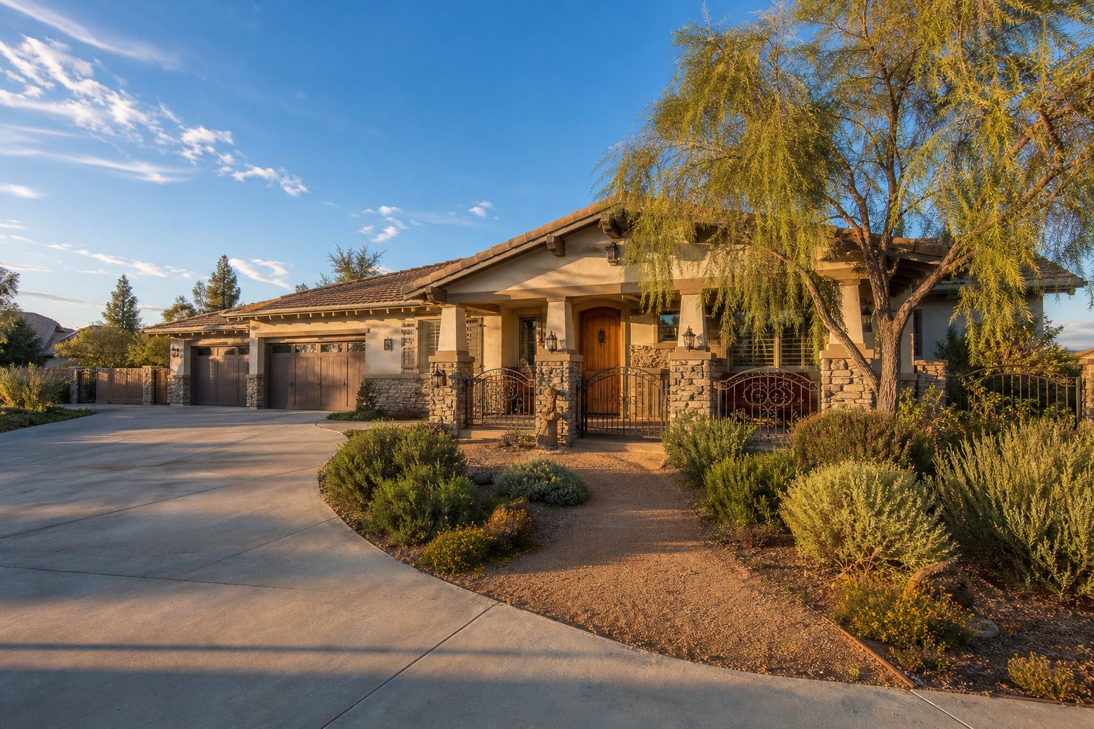 Single-story cream stucco home with mature pepper tree and native desert landscaping in South Rancho Cucamonga.