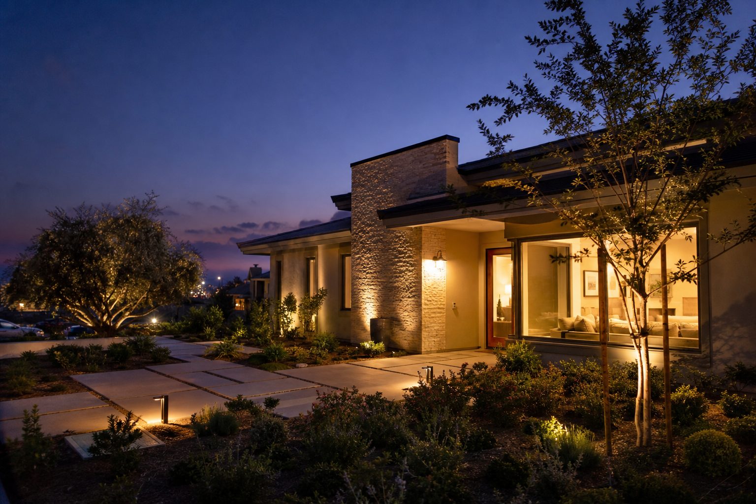 Rancho Cucamonga home with landscape lighting and warm interior glow at twilight in residential neighborhood.