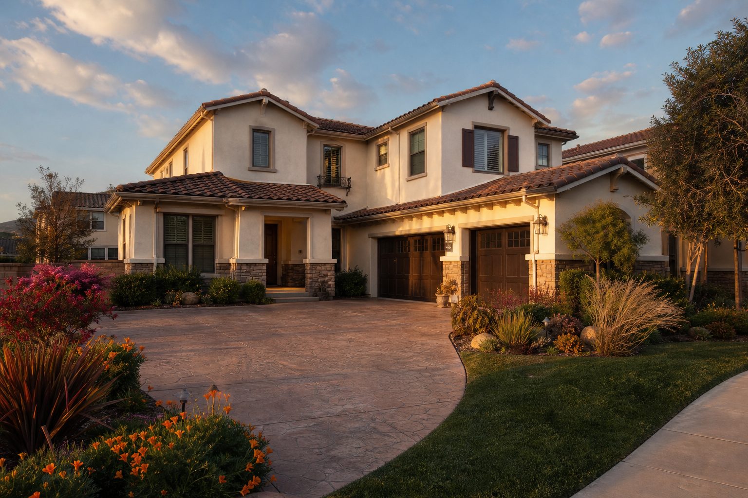 Two-story Mediterranean-style home with cream stucco and tile roof in Rancho Cucamonga with mature drought-resistant landscaping and wide driveway.
