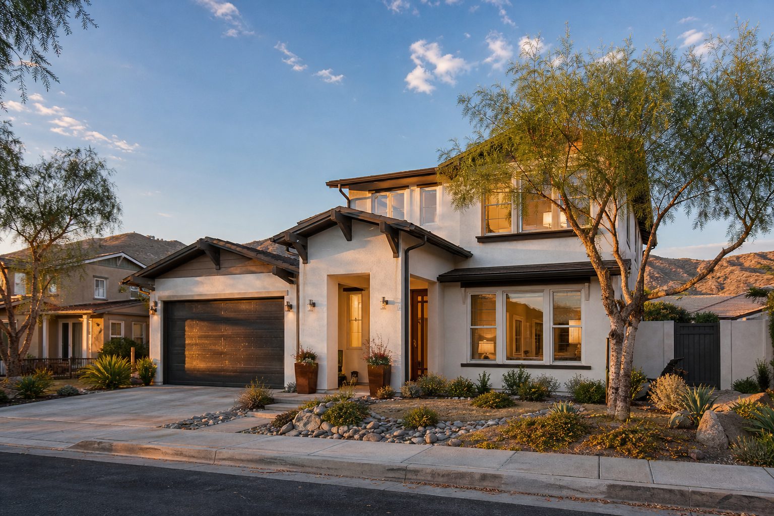 Suburban two-story home with stucco exterior and mature trees on a residential lot in Rancho Cucamonga's Etiwanda neighborhood.