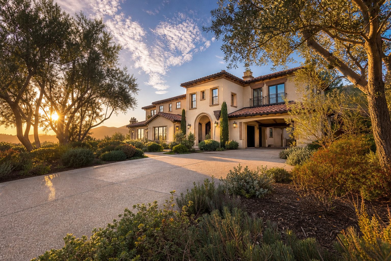 Luxury Mediterranean home with mature olive trees on a Deer Creek foothill property in Rancho Cucamonga during golden hour.