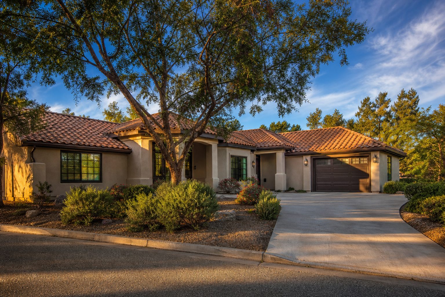 Suburban Rancho Cucamonga ranch home with beige stucco, tile roof, and mature pepper tree on quiet residential street.
