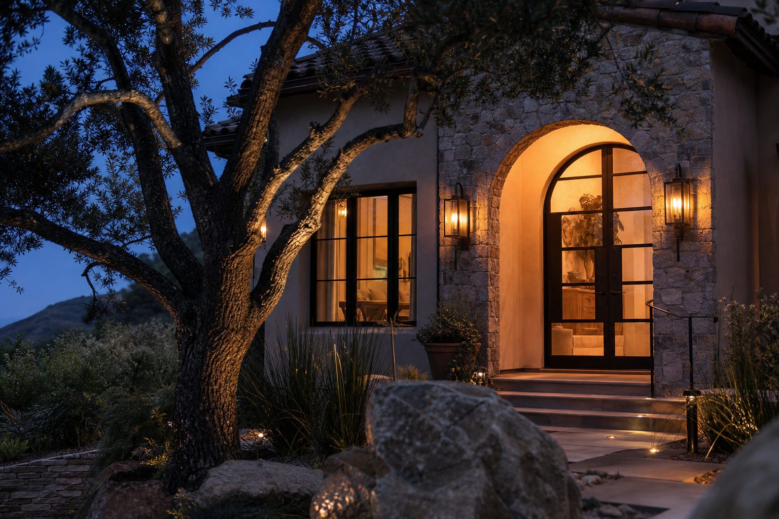 Luxury Etiwanda foothill estate entry at twilight with mature oak tree, stone and glass details, warm interior glow, and landscape lighting.