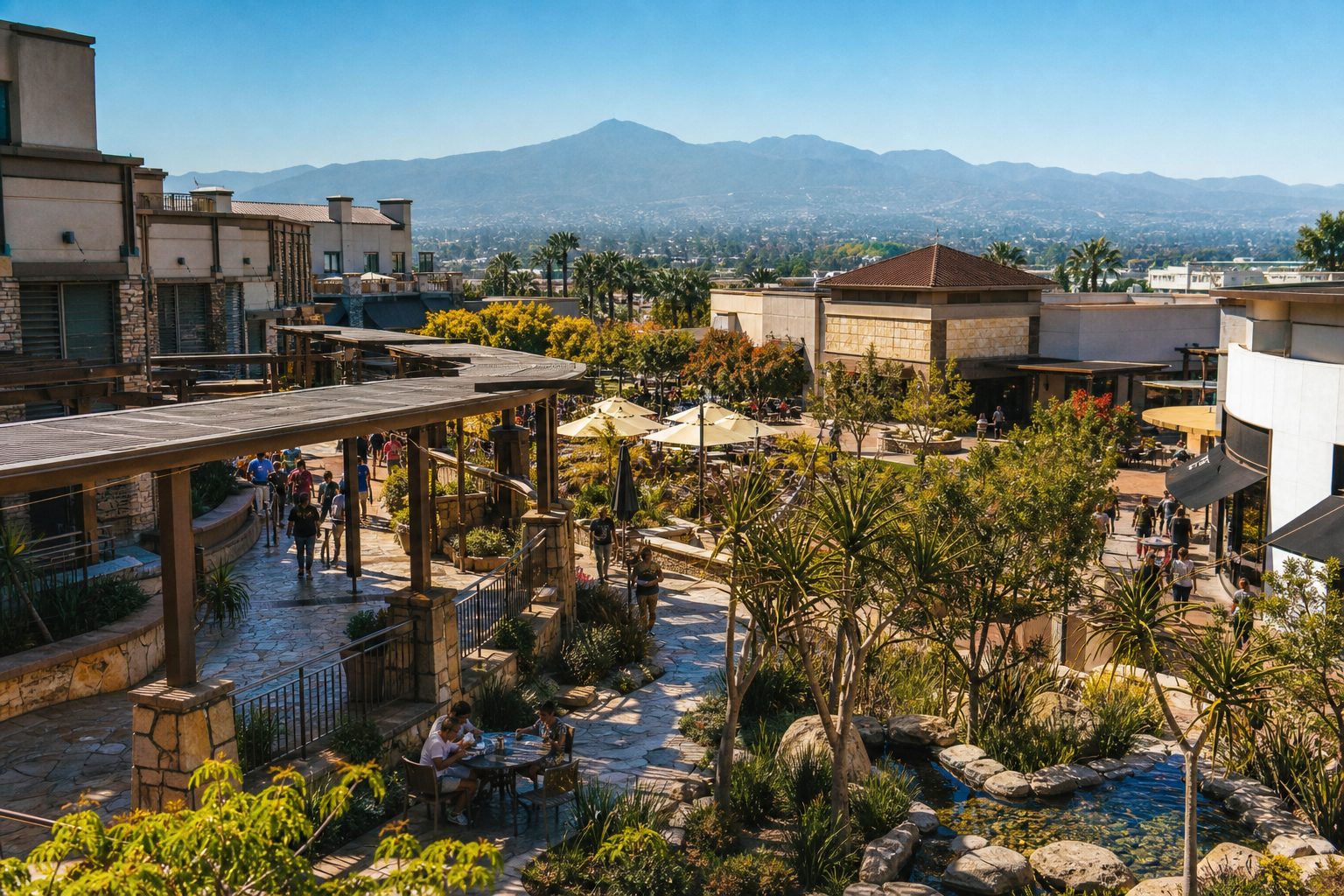 Victoria Gardens upscale lifestyle center with outdoor dining, shops, and residents enjoying a sunny Saturday afternoon in Rancho Cucamonga.