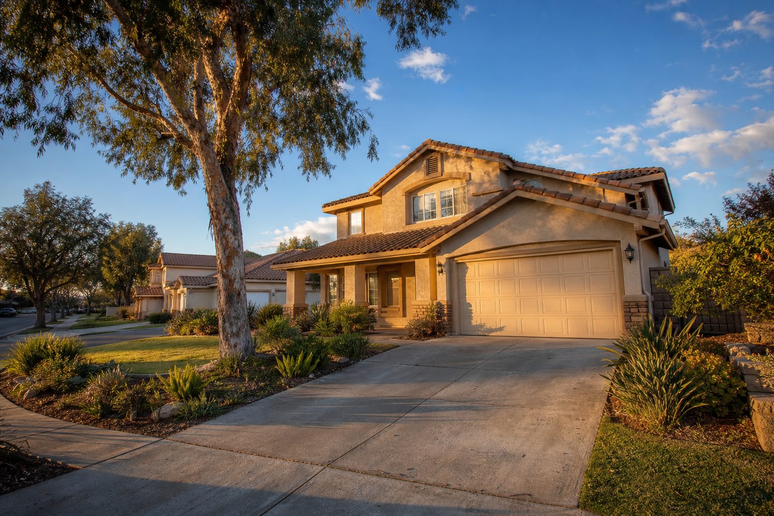 Two-story stucco suburban home with mature pepper tree and drought-resistant landscaping in Rancho Cucamonga at golden hour.