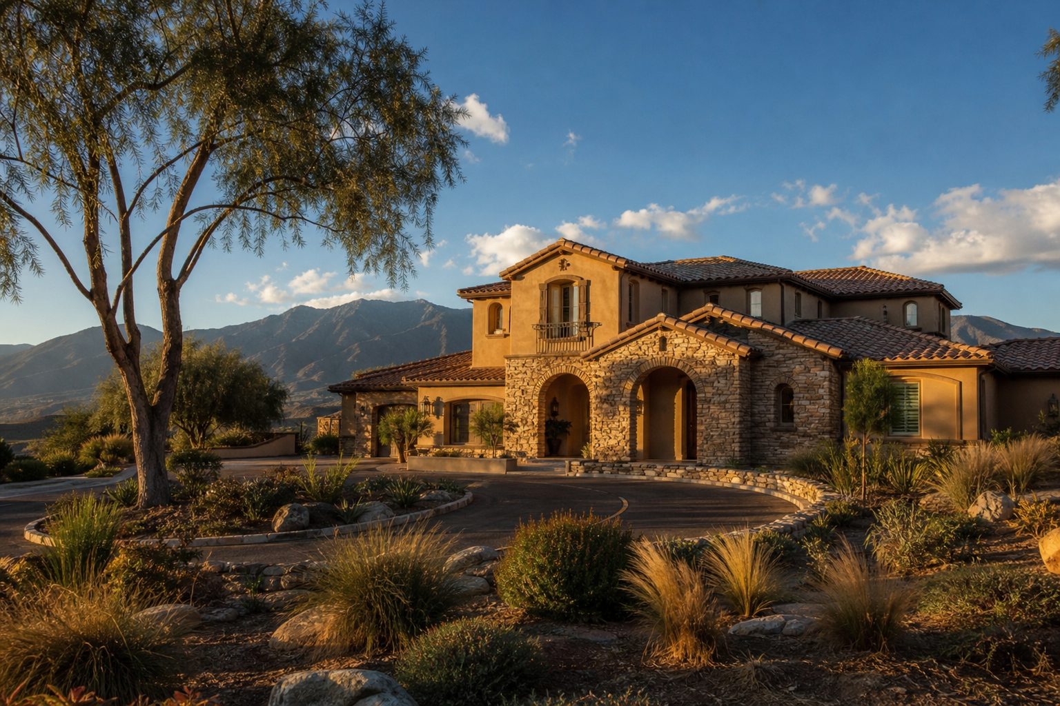 Luxury Mediterranean-style home in Etiwanda foothills with warm sunset lighting and hillside San Gabriel Mountain views.