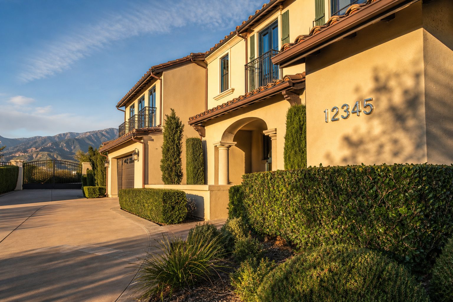 Mediterranean-style home in Alta Loma with clearly visible front house numbers and desert landscaping at golden hour.