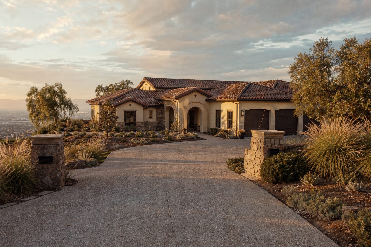Luxury single-story Tuscan-style home with clay tile roof and stone accents in Etiwanda foothills, Rancho Cucamonga, golden hour lighting.