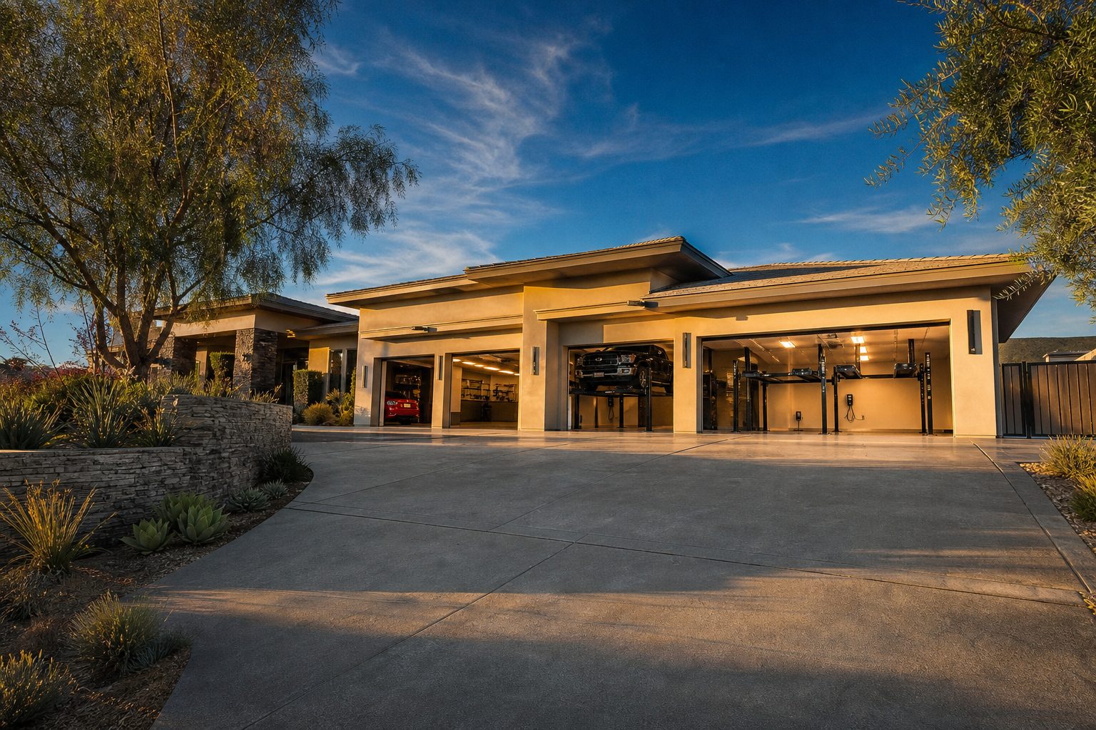 Luxury Alt Loma home with five-car garage, vehicle lift, and gated RV access in Rancho Cucamonga foothills.