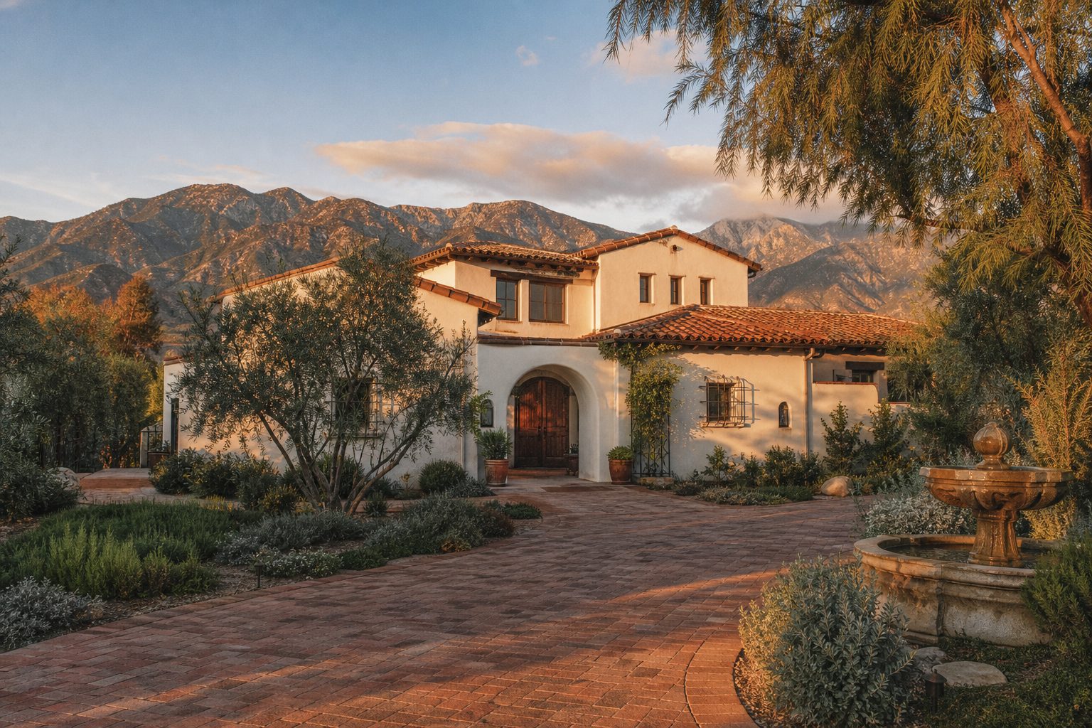 Spanish Colonial Revival home with terracotta tile roof and mature landscaping in Deer Creek foothills, Rancho Cucamonga, with San Gabriel Mountains