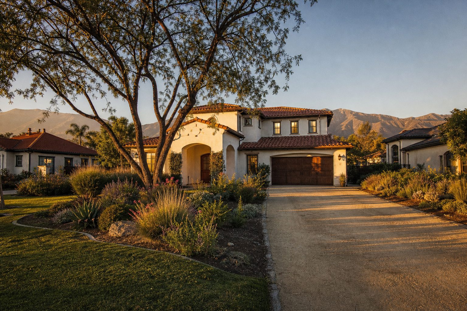 Two-story Mediterranean home with clay tile roof and mature pepper tree in Alta Loma, Rancho Cucamonga, during golden hour.