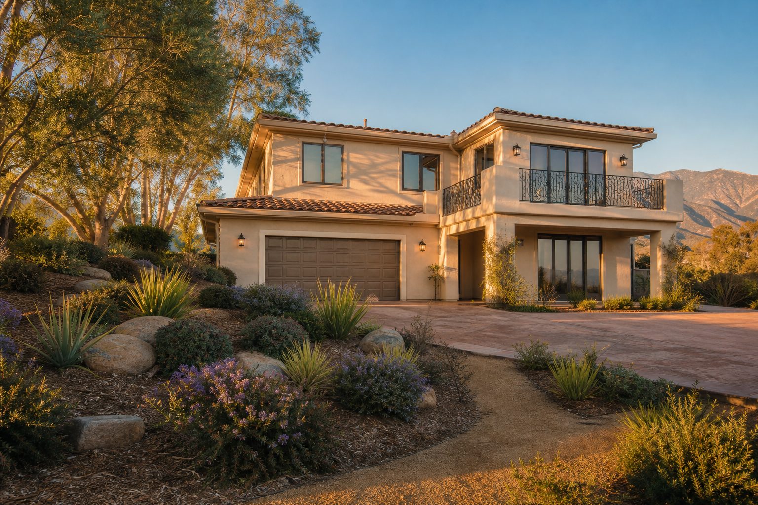Contemporary two-story Deer Creek home with mountain views, desert landscaping, and warm afternoon light casting long shadows across the property.