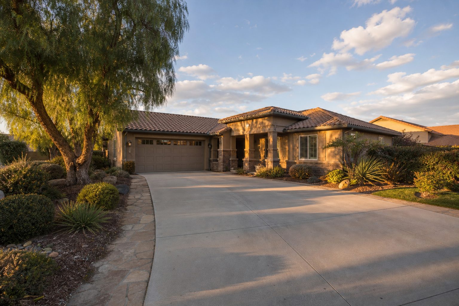 Single-story Rancho Cucamonga home in Alta Loma with mature landscaping and wide driveway in warm afternoon light.