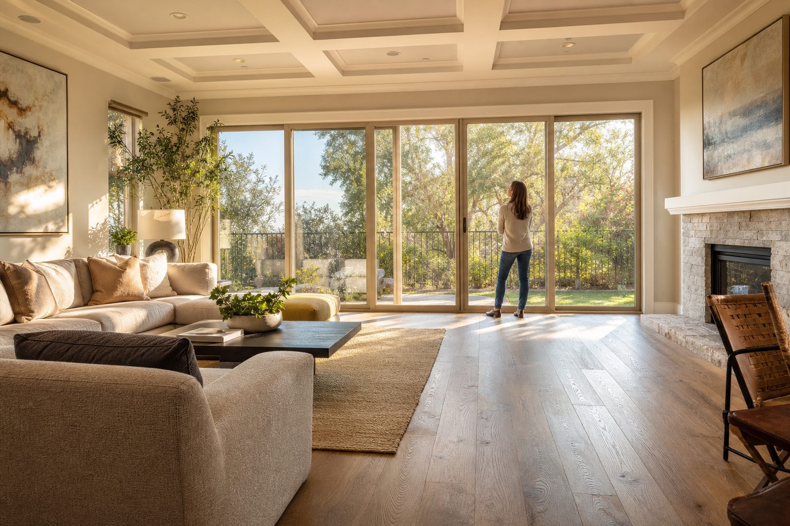 Woman standing at window in a spacious family room with hardwood floors and view to backyard landscaping.