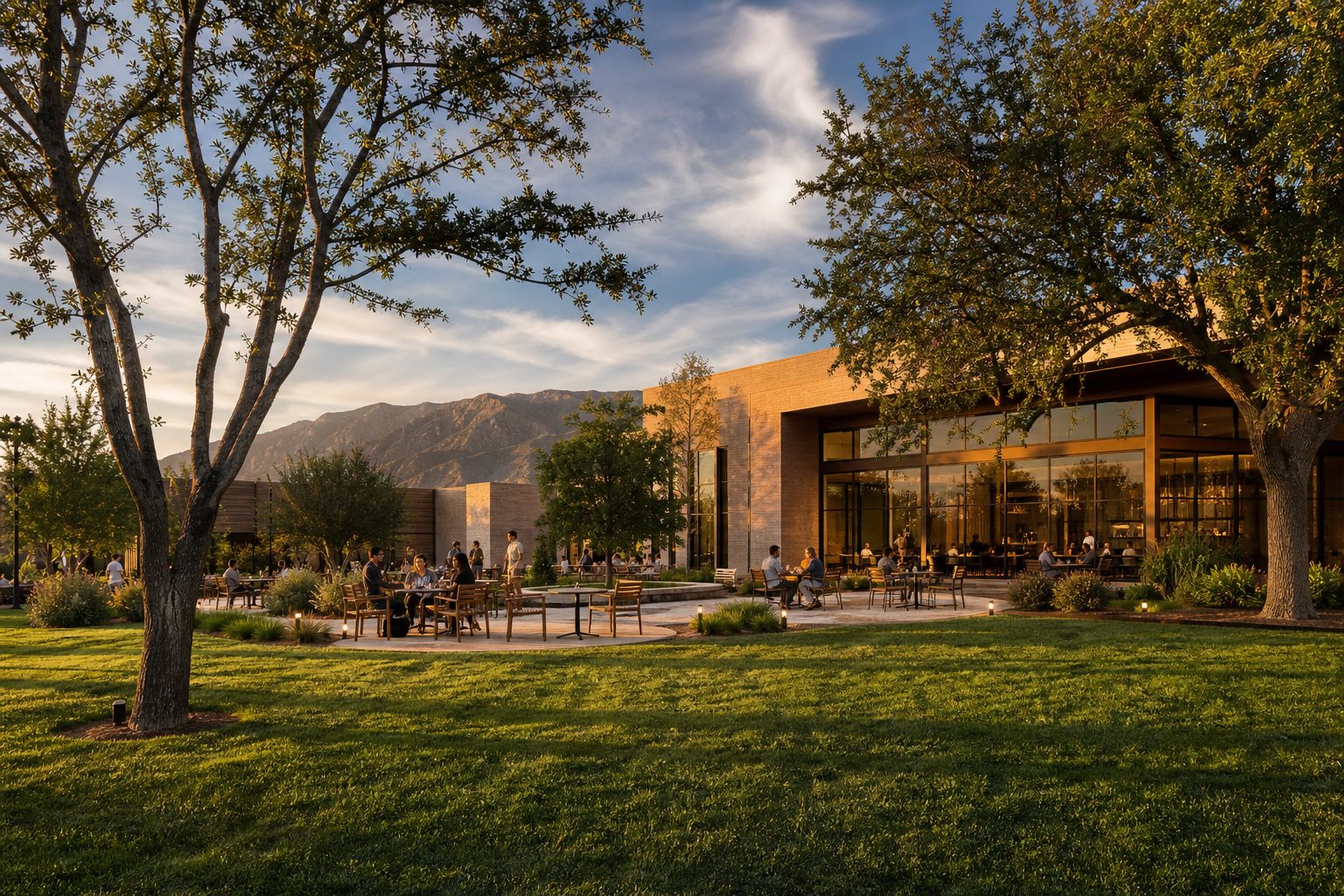 Outdoor garden area at Haven City Market food hall in Rancho Cucamonga at golden hour, with mature trees, bistro seating, and San Gabriel Mountains