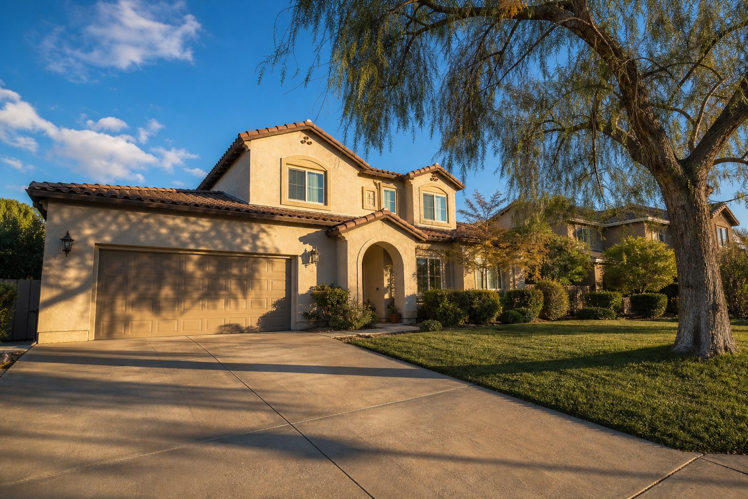 Mediterranean-style two-story stucco home with clay tile roof and mature pepper tree in Rancho Cucamonga neighborhood at sunset.