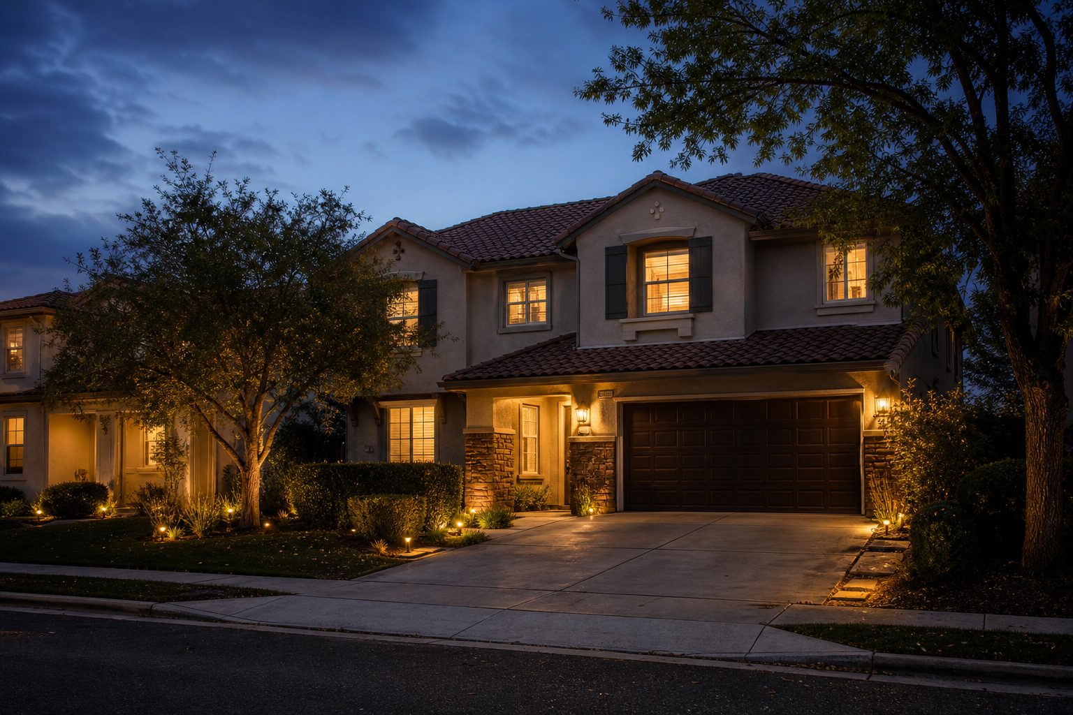 Two-story home in Central Park neighborhood at twilight with warm interior window glow, landscape lighting, and street trees during blue hour.