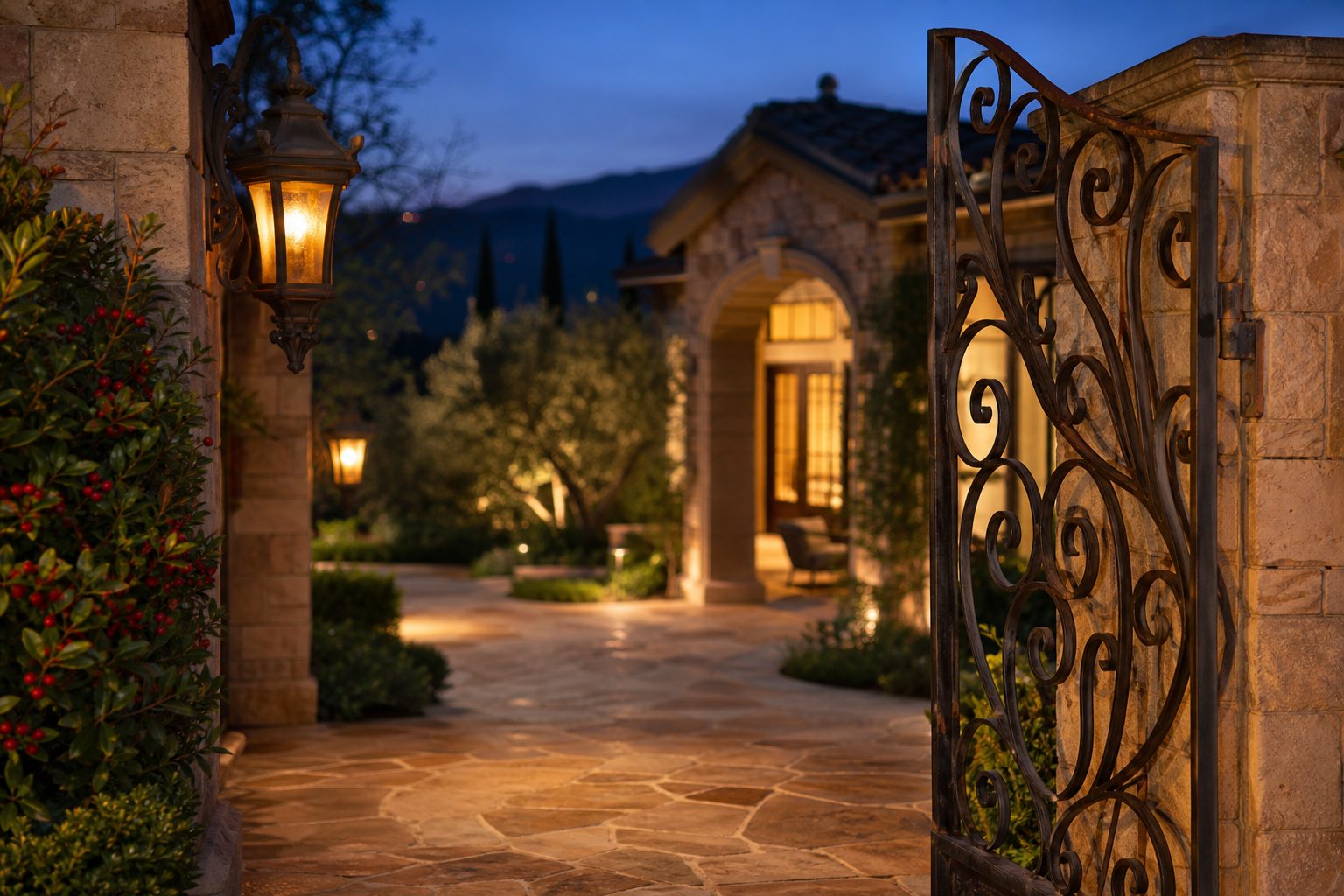 Stone-paved entry courtyard at twilight showing wrought-iron gate and warm interior lighting in an Etiwanda-area estate home.