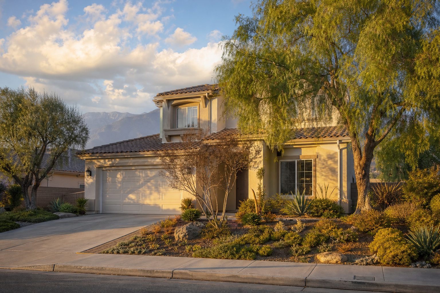 Suburban two-story home with stucco exterior and tile roof in Rancho Cucamonga foothill neighborhood during golden hour.