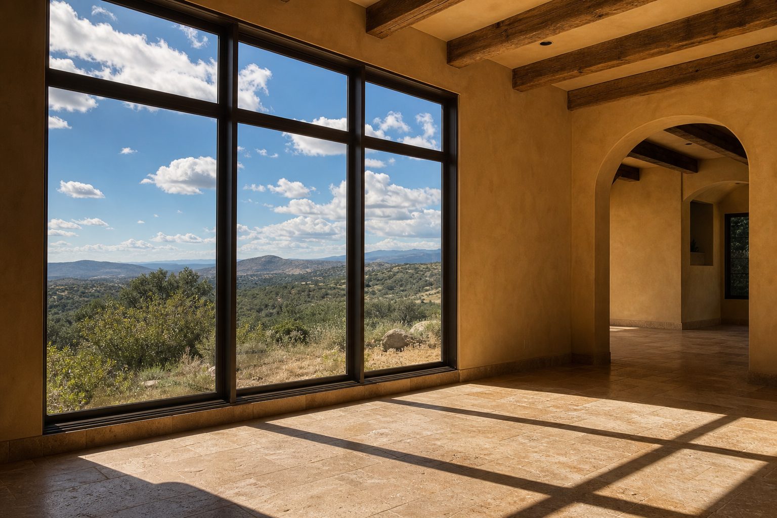 Interior view through large windows showing wood-beam ceiling, travertine flooring, and natural light casting shadows in a Rancho Cucamonga foothill