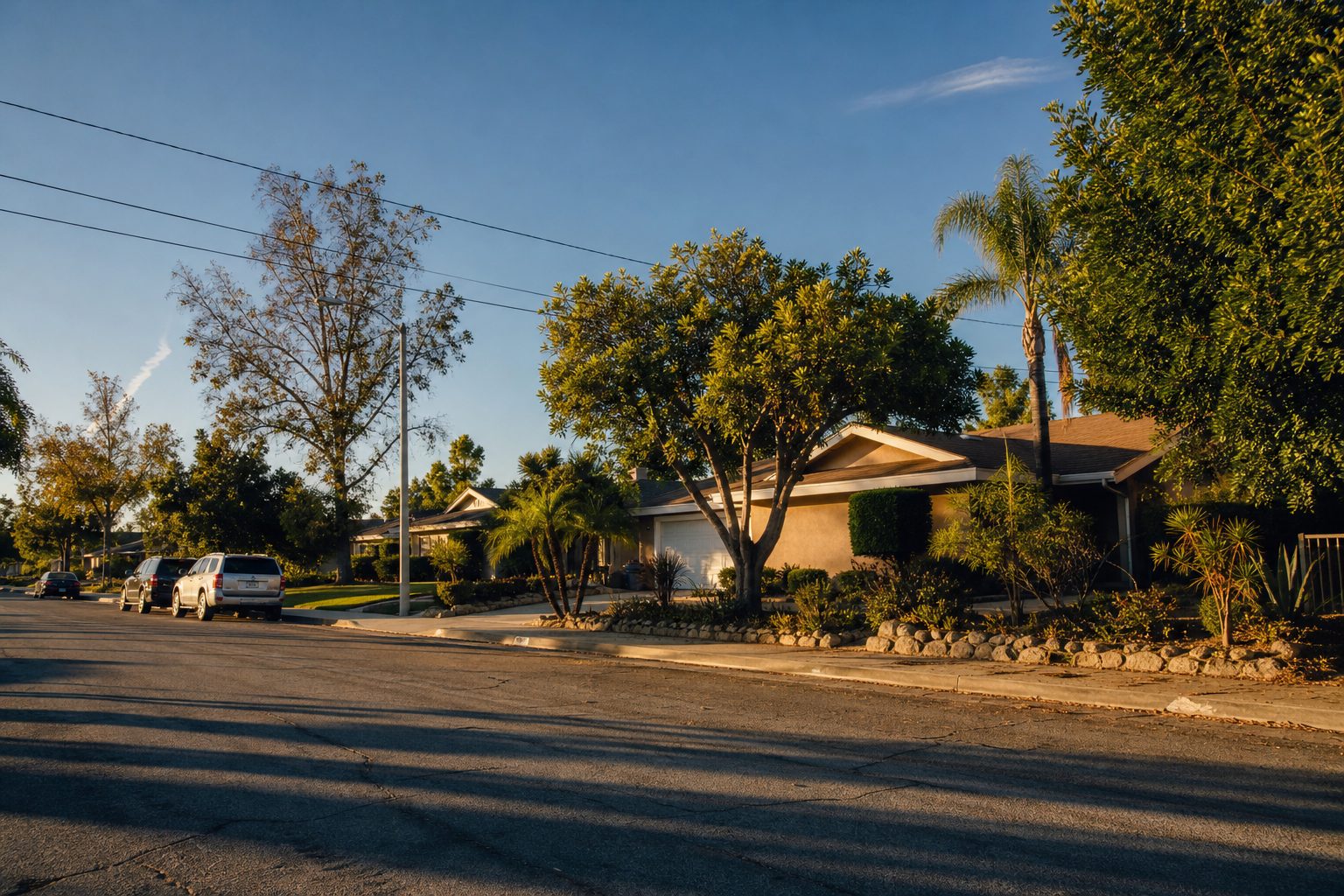 Tree-lined residential street in Rancho Cucamonga with single-family homes, mature landscaping, and natural afternoon shadows on asphalt.