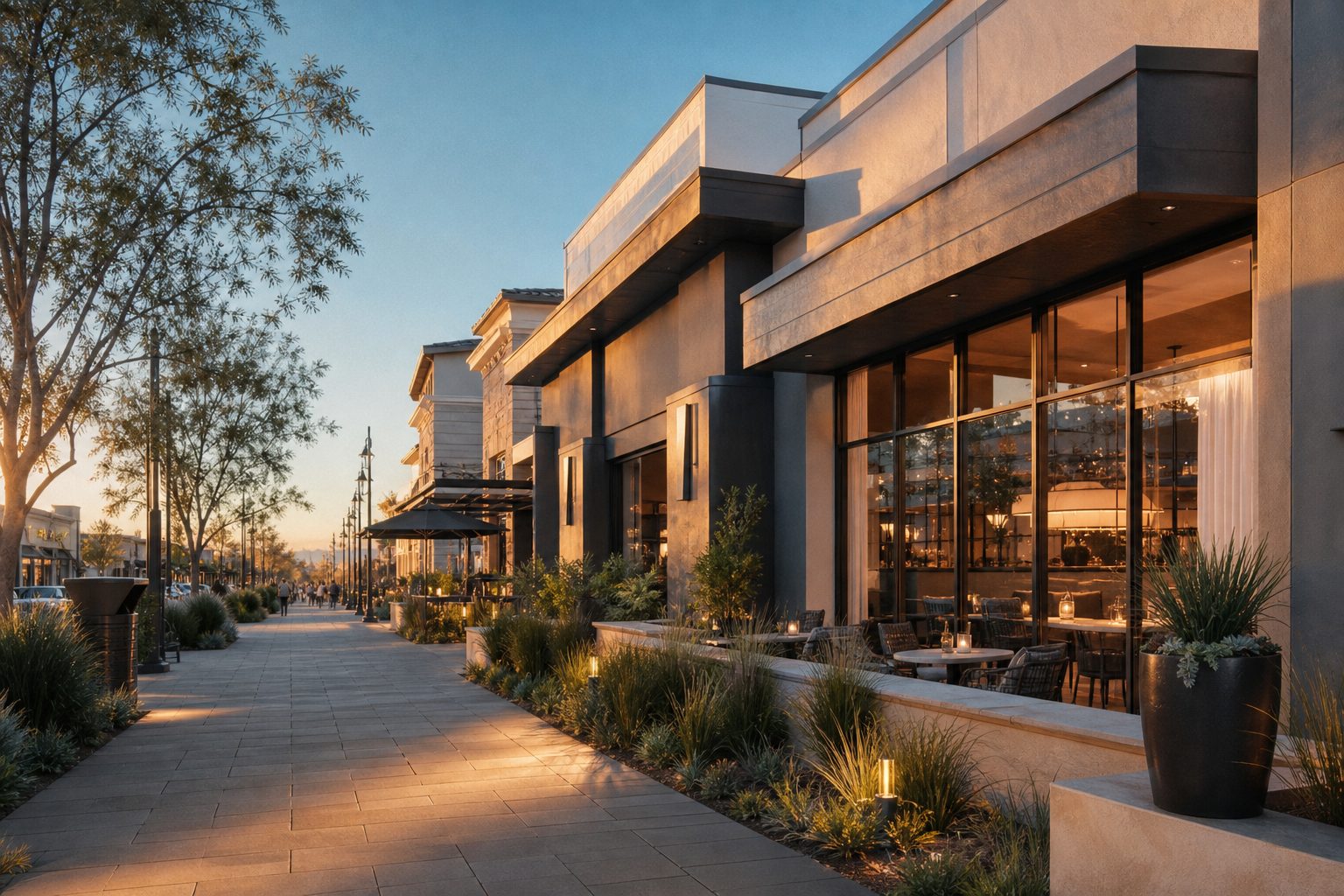 Modern retail corridor with contemporary storefronts and dining venues along Foothill Boulevard in Rancho Cucamonga during golden hour.