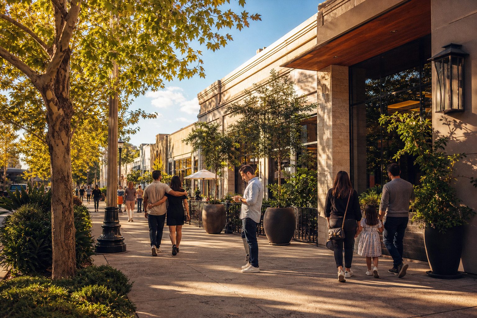 Busy Haven Avenue brunch district near Base Line Road with tree-lined shops, pedestrians, and Saturday morning activity in Rancho Cucamonga.