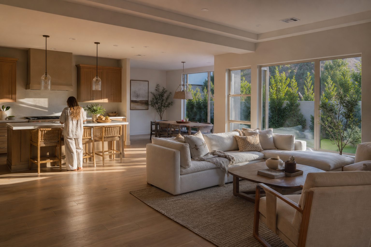 Modern single-story home with open living space and main-floor primary suite in Rancho Cucamonga, woman naturally positioned in kitchen.