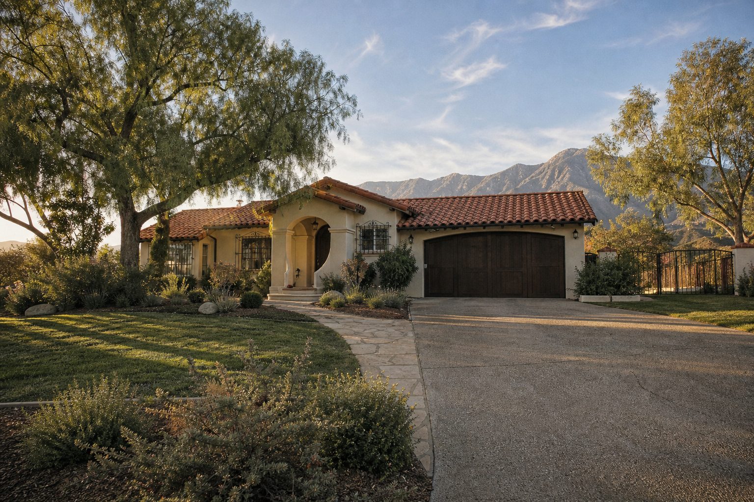 Mediterranean stucco home with terracotta tile roof and mature pepper trees in Etiwanda foothills, Rancho Cucamonga.