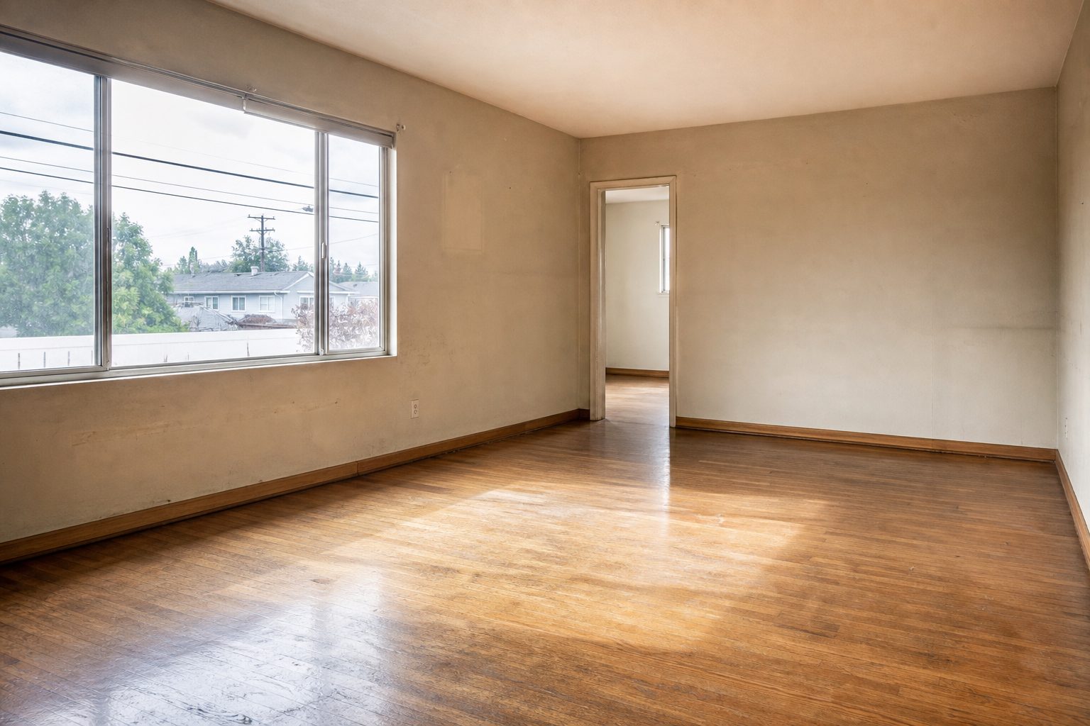 Original hardwood flooring and window light in a main living room of an established Rancho Cucamonga home.