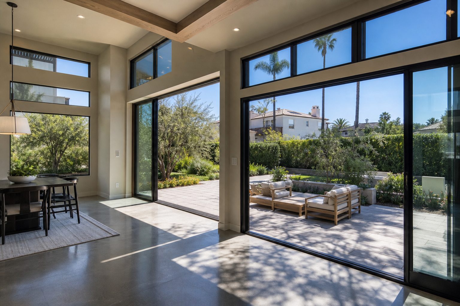 Contemporary home's great room interior with view through glass doors to patio and landscape in suburban Rancho Cucamonga neighborhood.