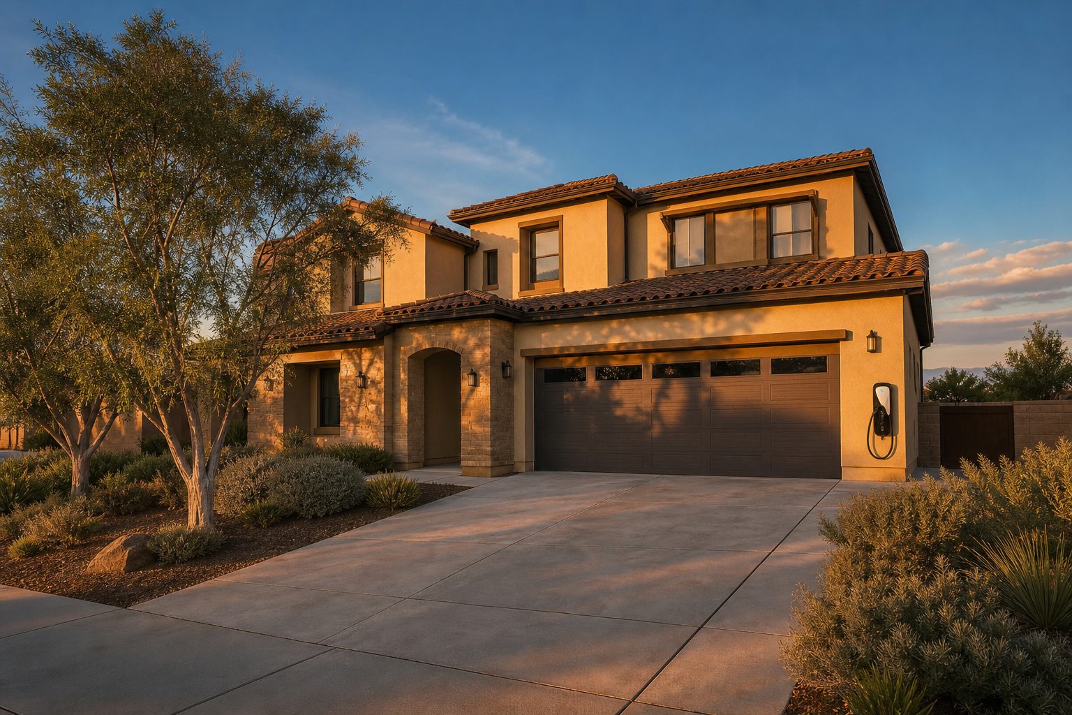 Two-story suburban home in Rancho Cucamonga with EV charging station on garage during late afternoon.