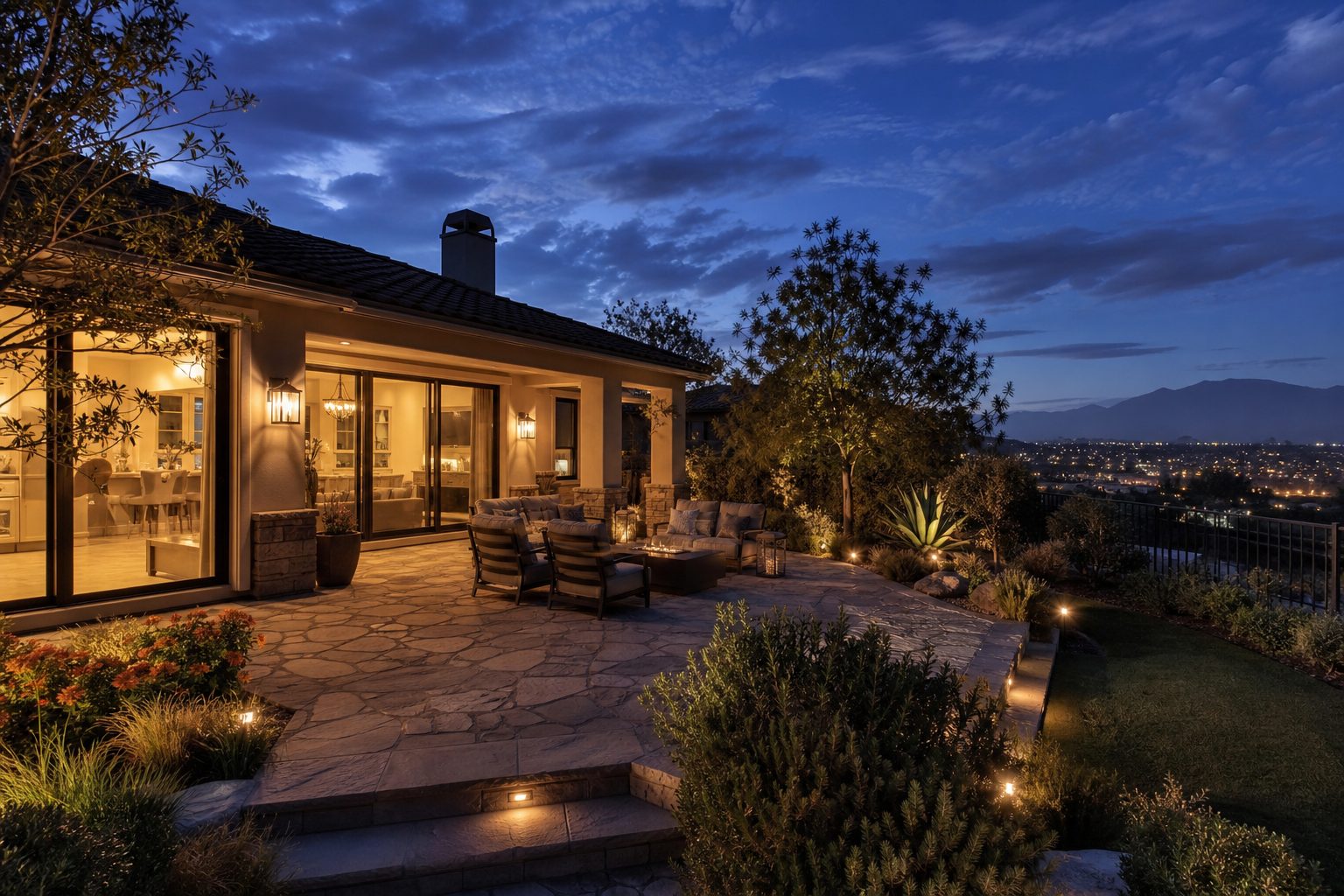 Twilight view of home's rear patio and flagstone walkway with interior lights glowing through glass doors.