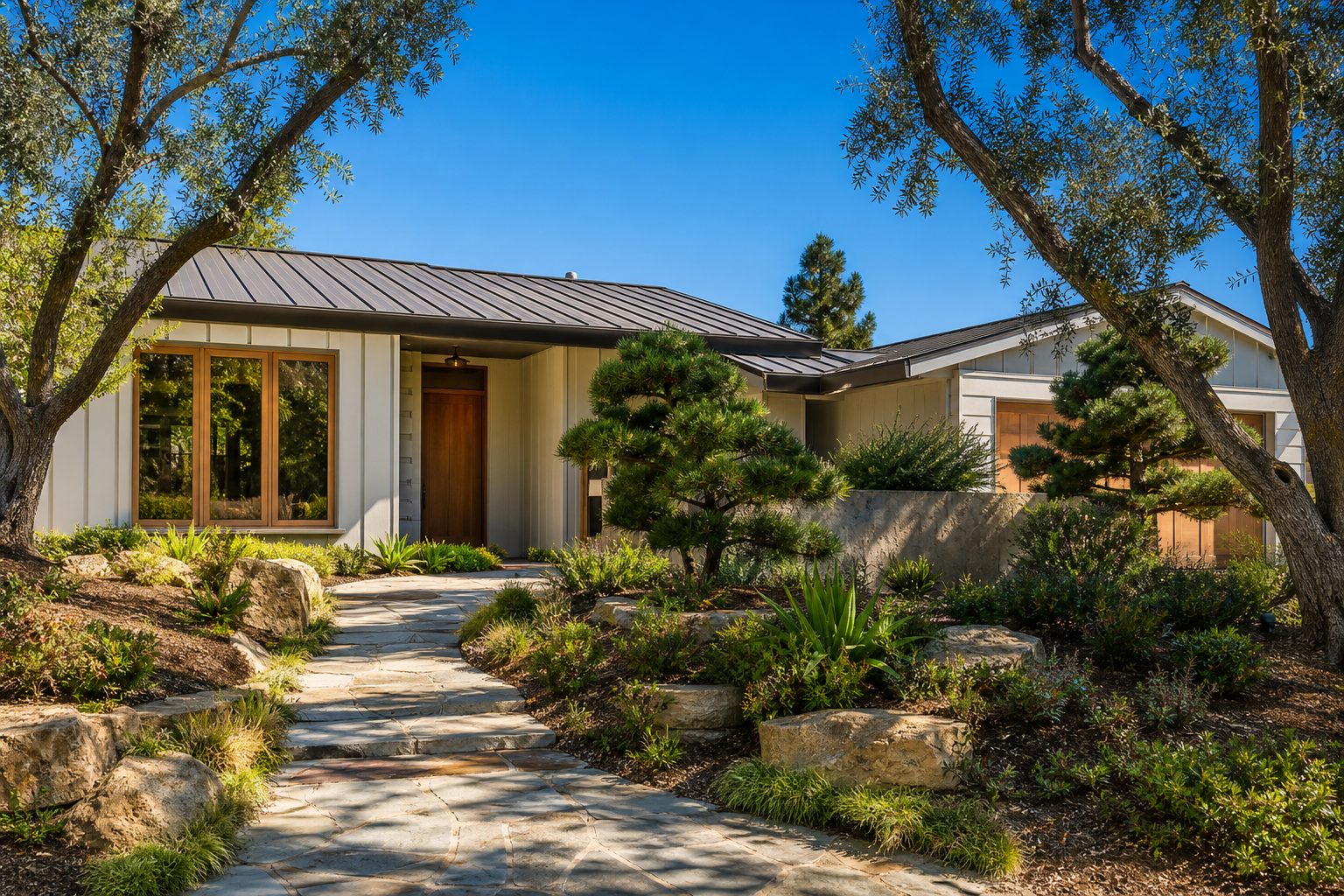 Modern farmhouse with board-and-batten siding, metal roof, and mature trees in Rancho Cucamonga's Terra Vista neighborhood under bright afternoon sun.